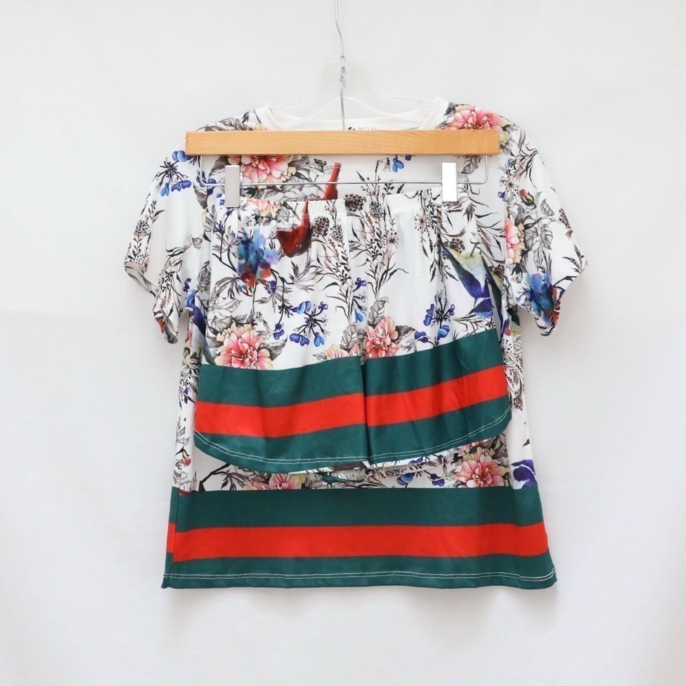 New 2 piece set white floral print t-shirt top shorts birds pyjamas athleisure S